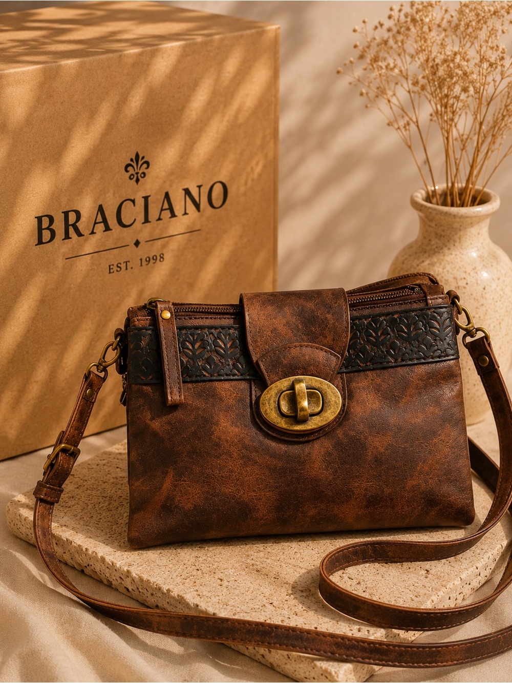 Braciano Brown Crossbody Bag with Antique Brass Turn-Lock